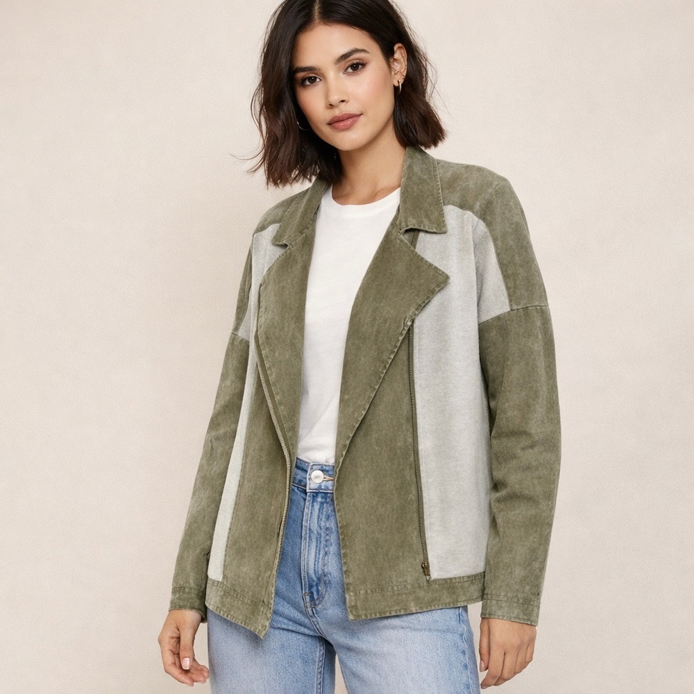 Paper Crane Olive Green Linen Blend Moto Jacket Draped Asym Zip Boho Small
